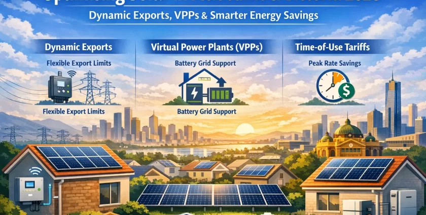 Infographic showing dynamic exports, VPP battery systems and Time-of-Use solar savings for Melbourne and Victorian homes in 2026.