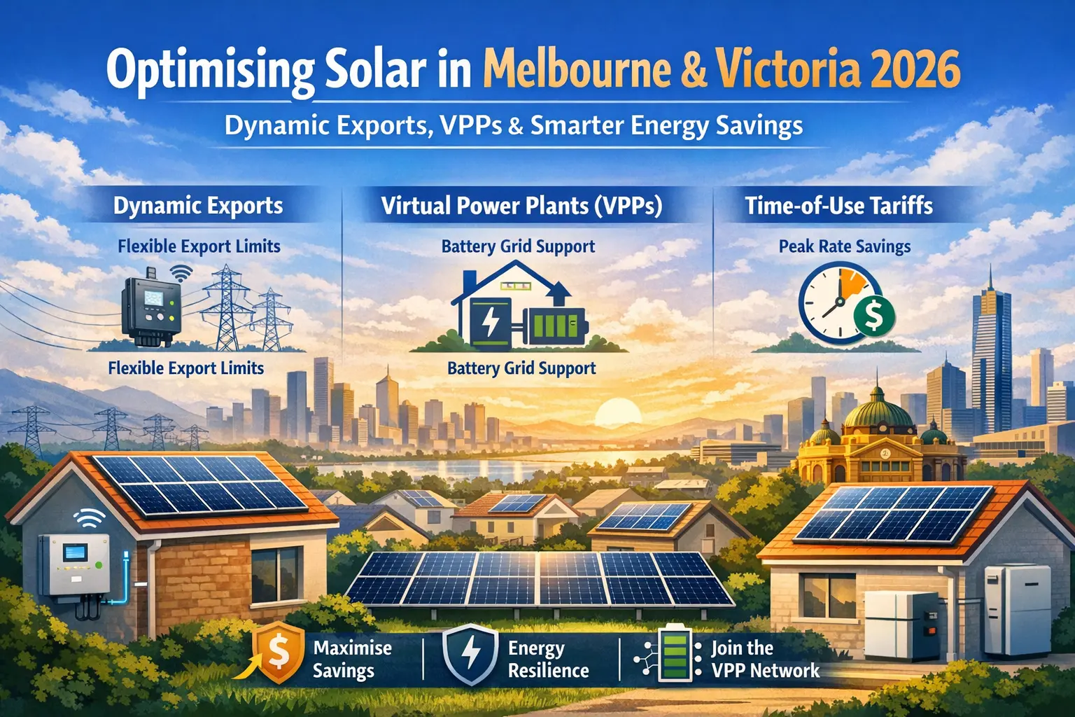 Infographic showing dynamic exports, VPP battery systems and Time-of-Use solar savings for Melbourne and Victorian homes in 2026.
