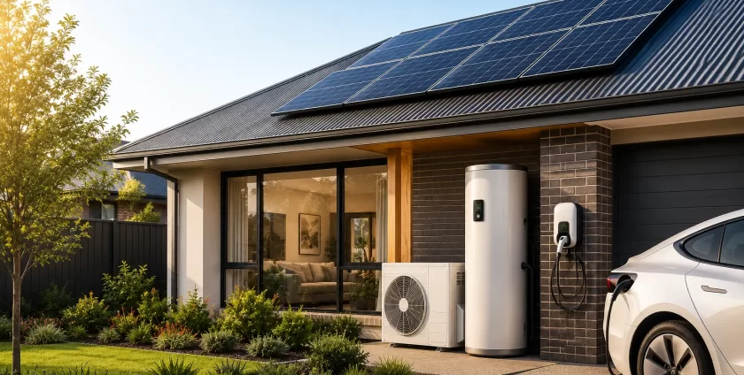 Modern Australian home with rooftop solar panels charging an electric vehicle using a smart home EV charger.