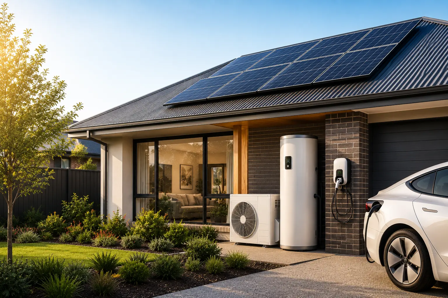 Modern Australian home with rooftop solar panels charging an electric vehicle using a smart home EV charger.